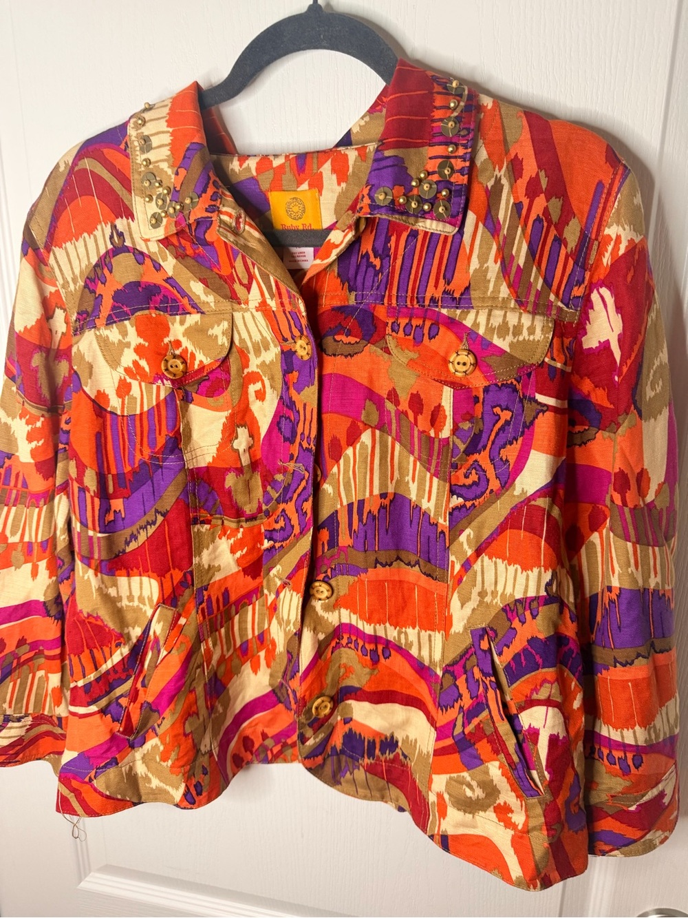 Ruby Rd. Orange Purple Multi Print Button-Front Jacket